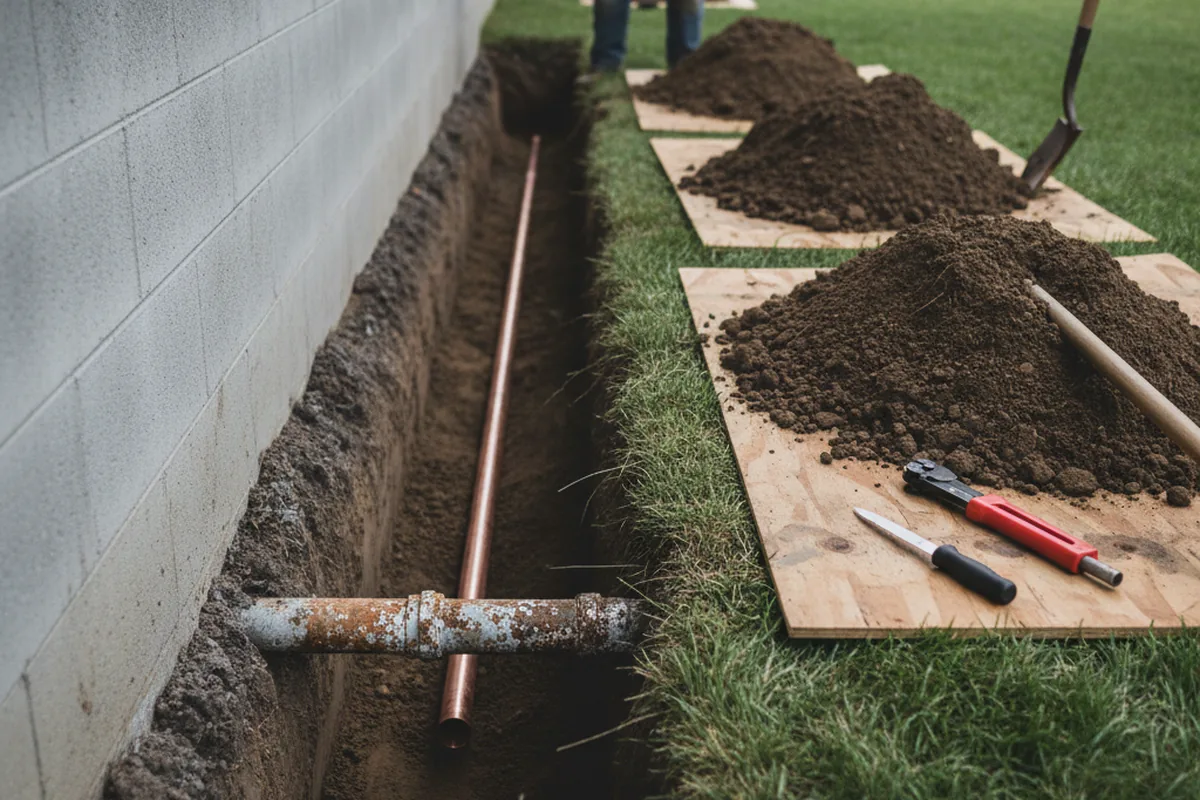 Excavated water line trench during Sewer Line Repair in Almont